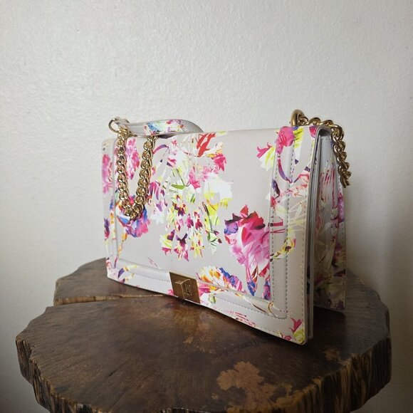 INC Sibbell Floral Faux Leather Envelope Shoulder Bag Clutch Gold Chain - Picture 2 of 16